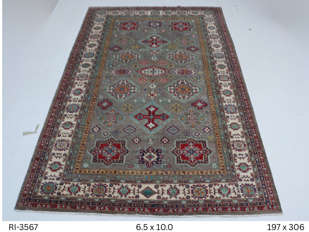 6x10 Beige & Gray Super Kazak Geometric Handmade Cotton & Wool Rug | Premium Luxury Area Rug