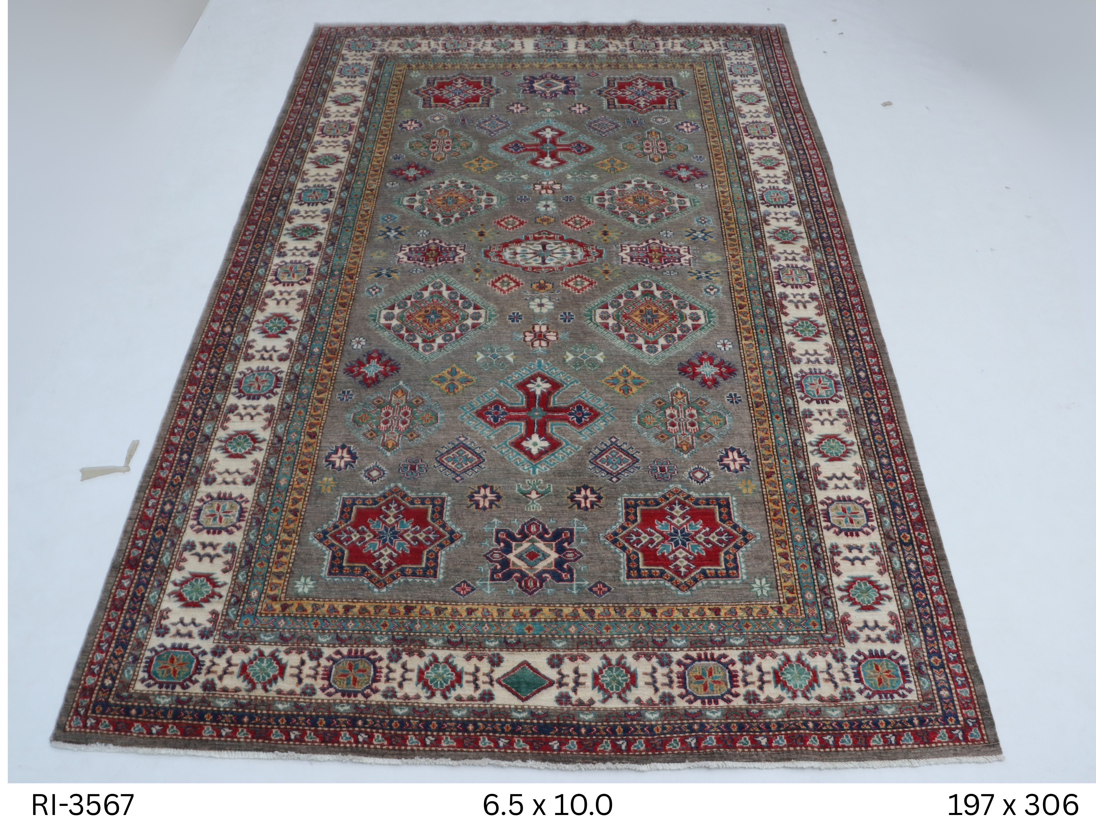 6x10 Beige & Gray Super Kazak Geometric Handmade Cotton & Wool Rug | Premium Luxury Area Rug
