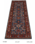 Blue and red Super Kazak handmade geometric cotton and wool runner rug