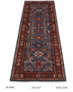 Blue and red Super Kazak handmade geometric cotton and wool runner rug