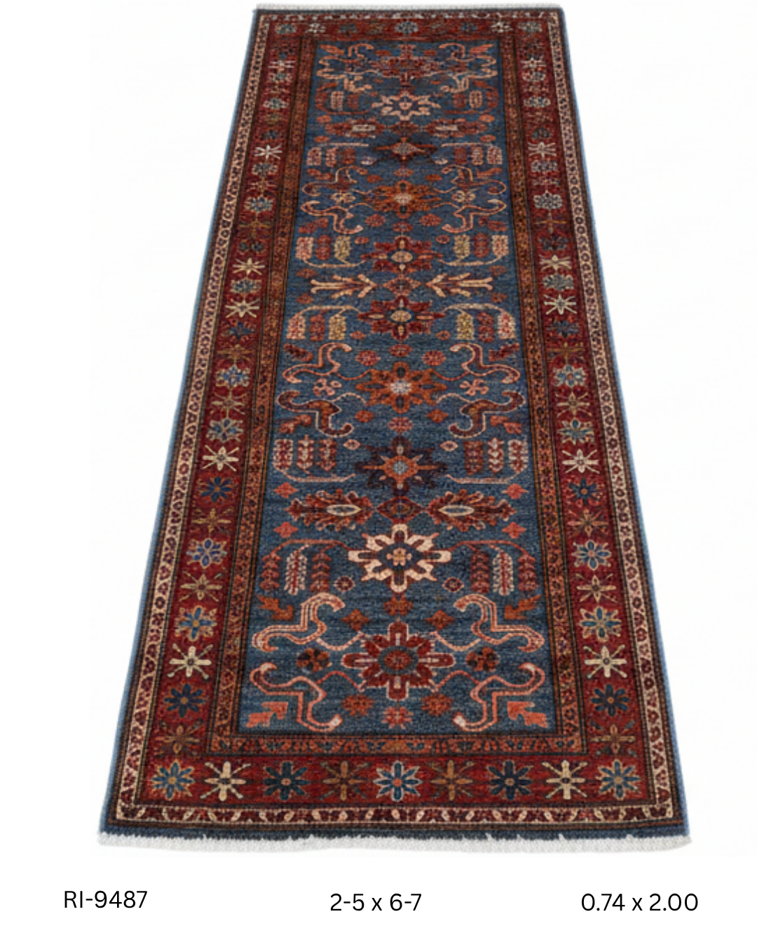 Blue and red Super Kazak handmade geometric cotton and wool runner rug