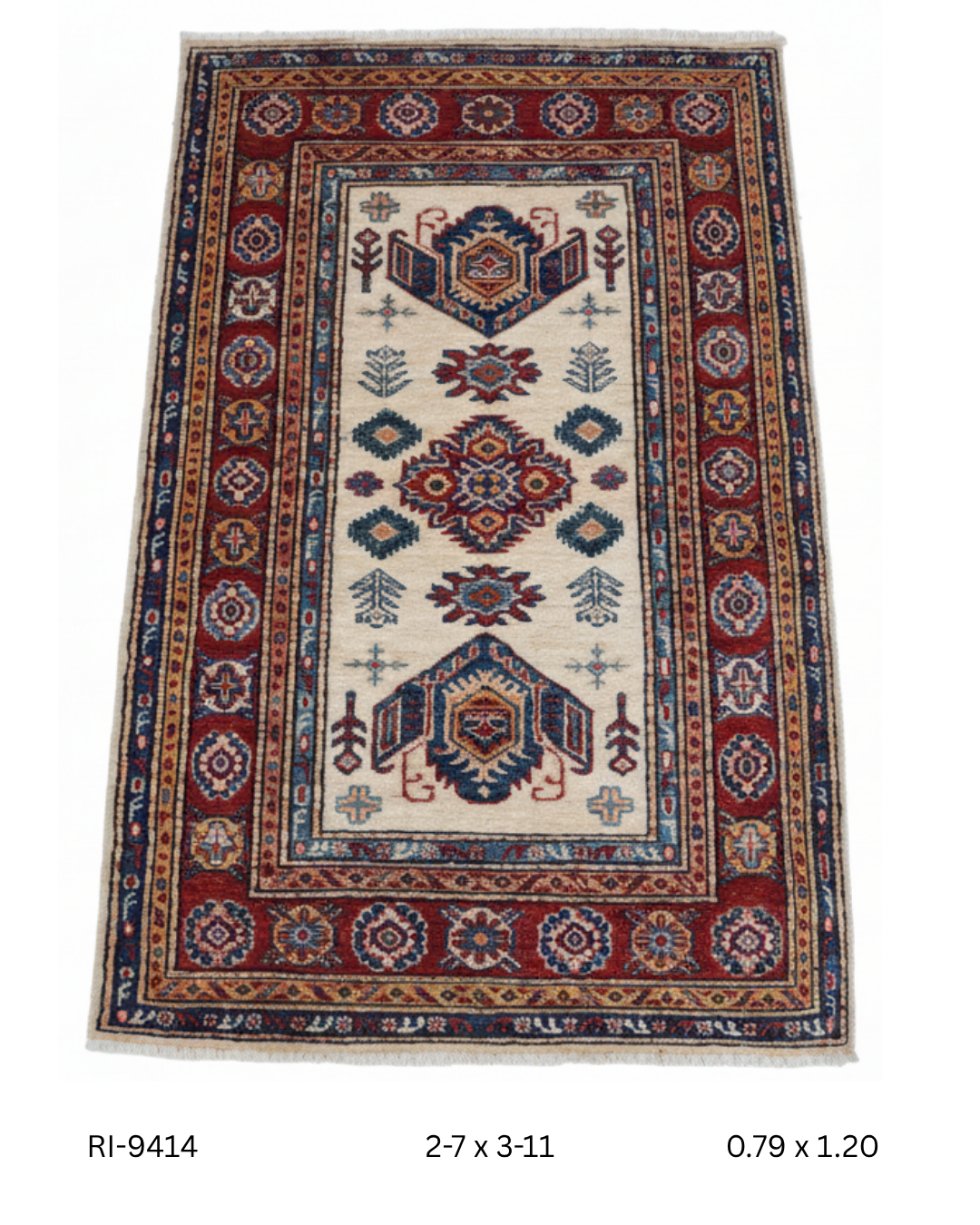 3x4 Beige and Red Super Kazak Handmade Wool Cotton Geometric Area Rug