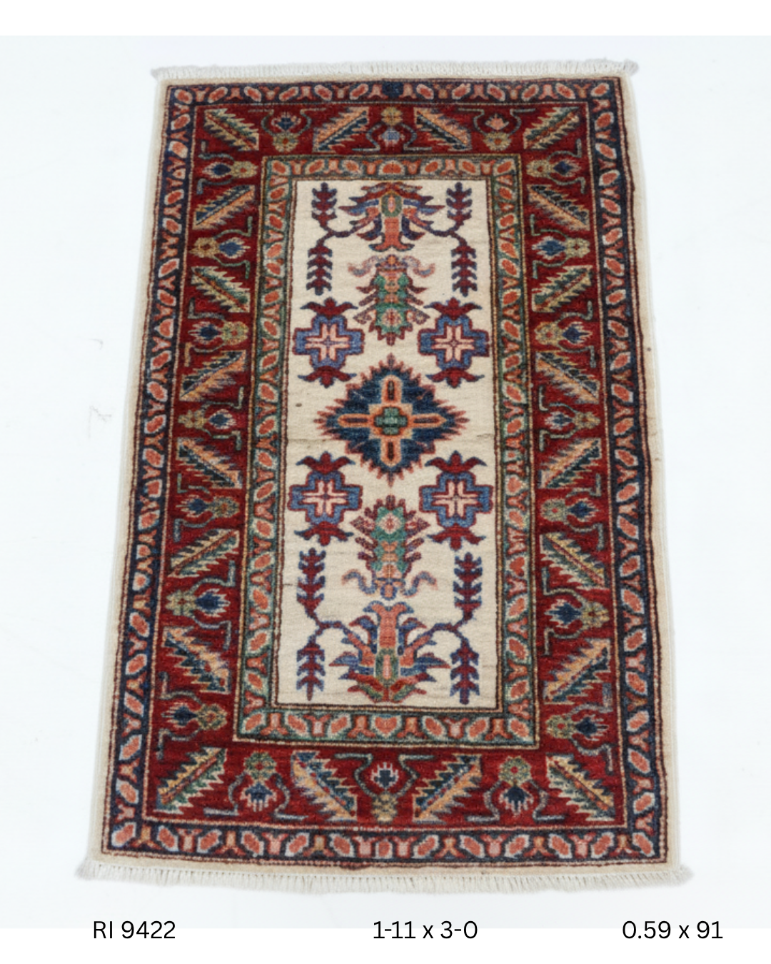 2x3 Beige and Red Super Kazak Handmade Wool Cotton Geometric Area Rug