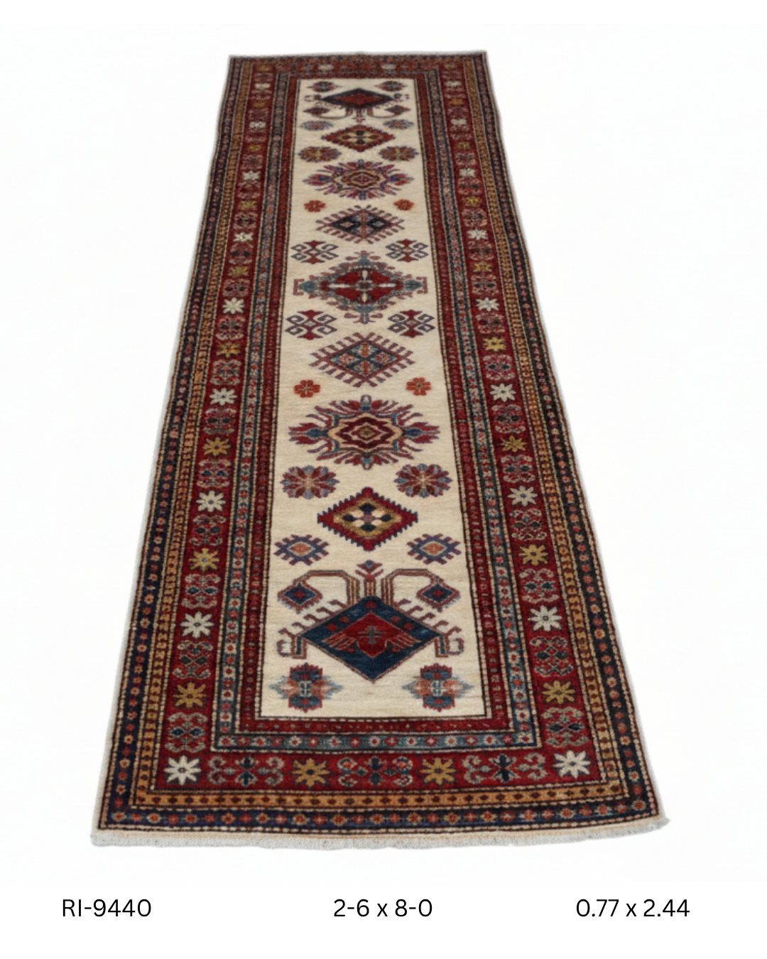 2x8 Beige and Red Super Kazak Handmade Wool Cotton Geometric Runner Rug