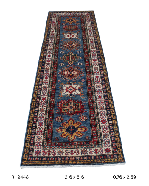 2x8 Beige and Red Super Kazak Handmade Wool Cotton Geometric Runner Rug