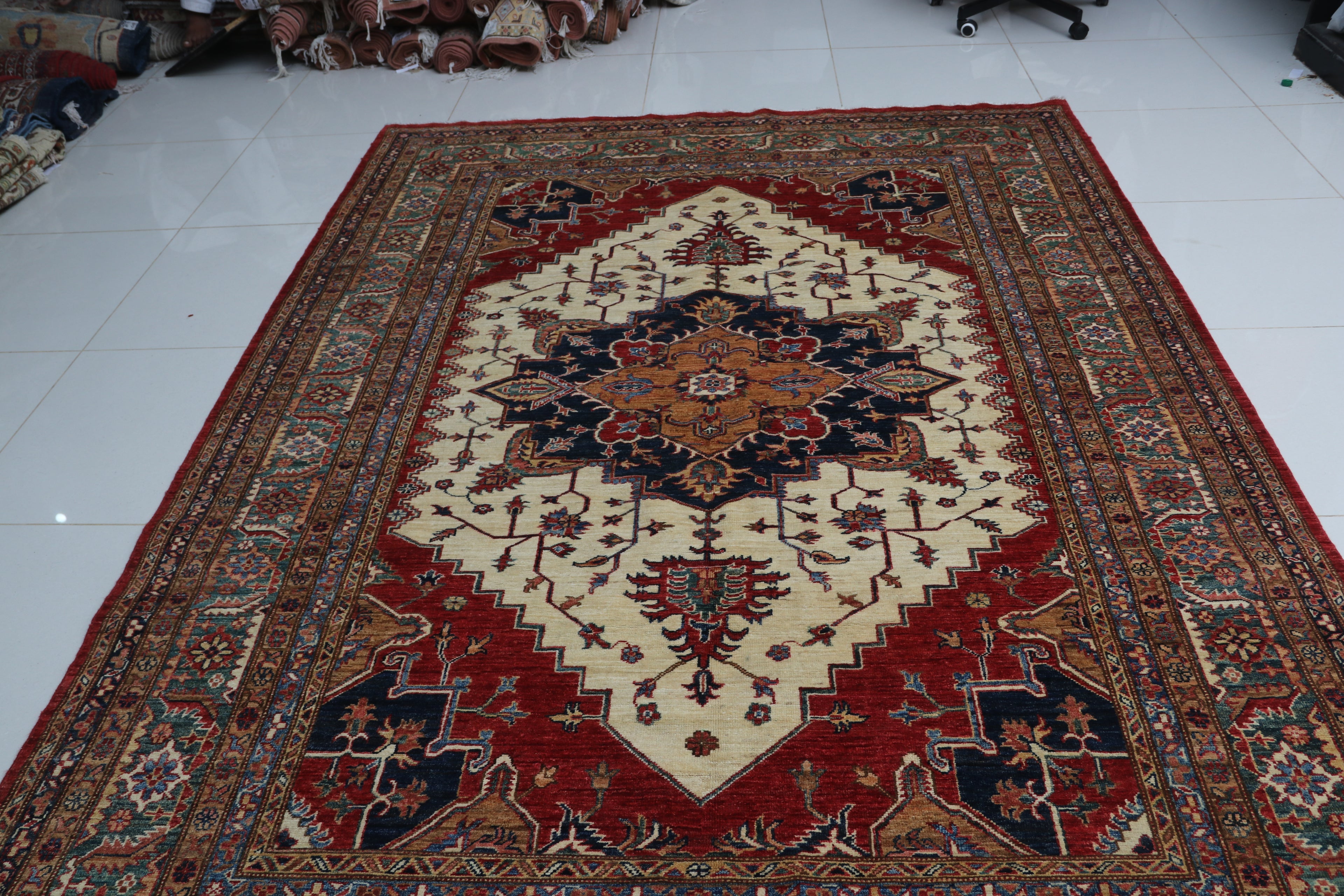 6.5x9.5 Beige Super Kazak Geometric Area Rug | Handmade Wool & Cotton Rug