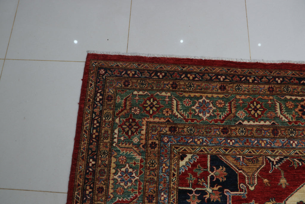 6.5x9.5 Beige Super Kazak Geometric Area Rug | Handmade Wool & Cotton Rug