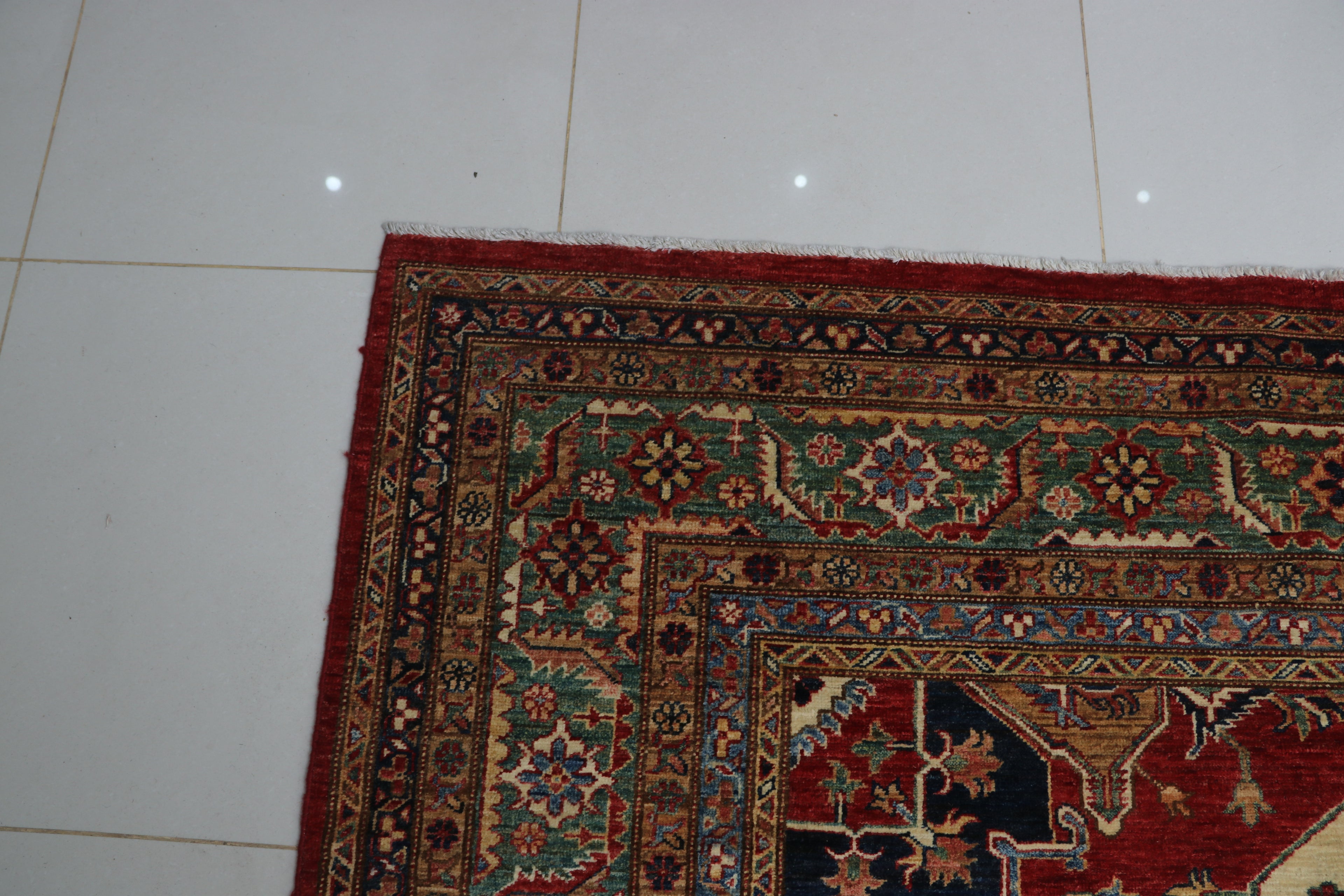 6.5x9.5 Beige Super Kazak Geometric Area Rug | Handmade Wool & Cotton Rug