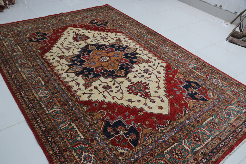 6.5x9.5 Beige Super Kazak Geometric Area Rug | Handmade Wool & Cotton Rug