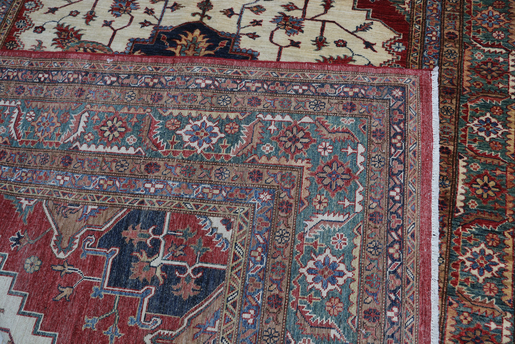 6.5x9.5 Beige Super Kazak Geometric Area Rug | Handmade Wool & Cotton Rug