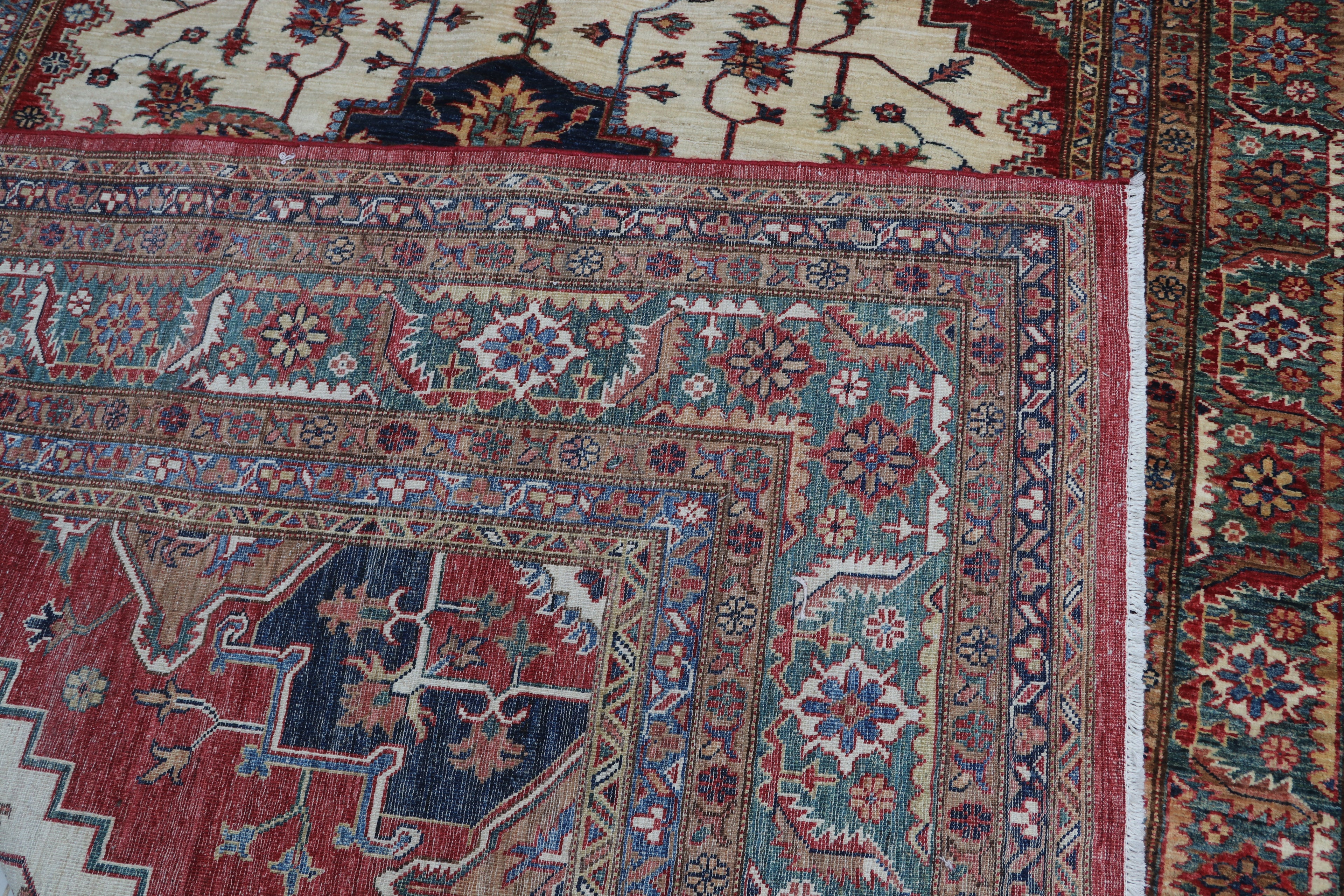 6.5x9.5 Beige Super Kazak Geometric Area Rug | Handmade Wool & Cotton Rug