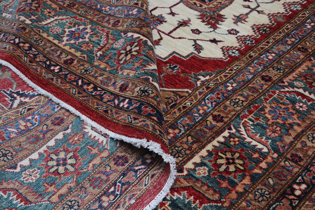 6.5x9.5 Beige Super Kazak Geometric Area Rug | Handmade Wool & Cotton Rug