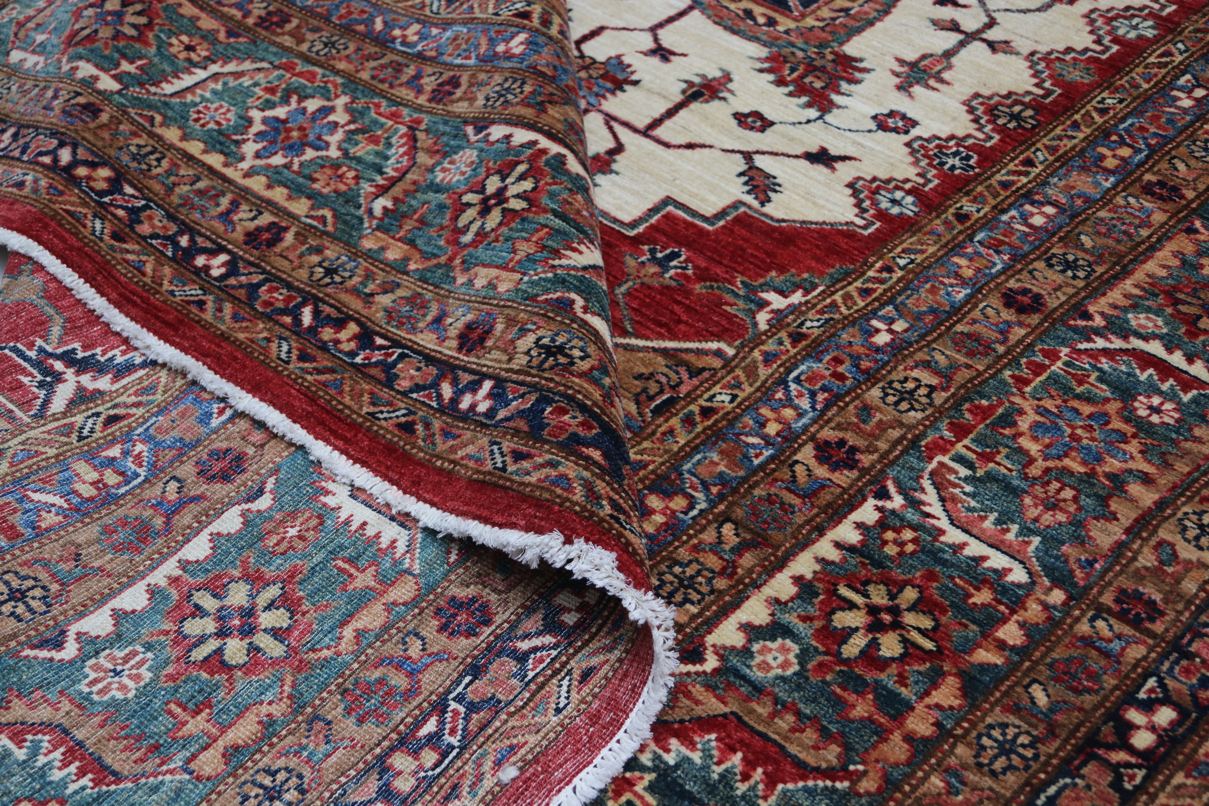 6.5x9.5 Beige Super Kazak Geometric Area Rug | Handmade Wool & Cotton Rug