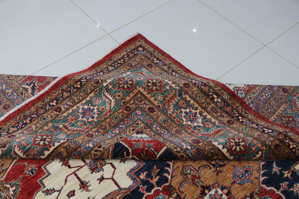 6.5x9.5 Beige Super Kazak Geometric Area Rug | Handmade Wool & Cotton Rug