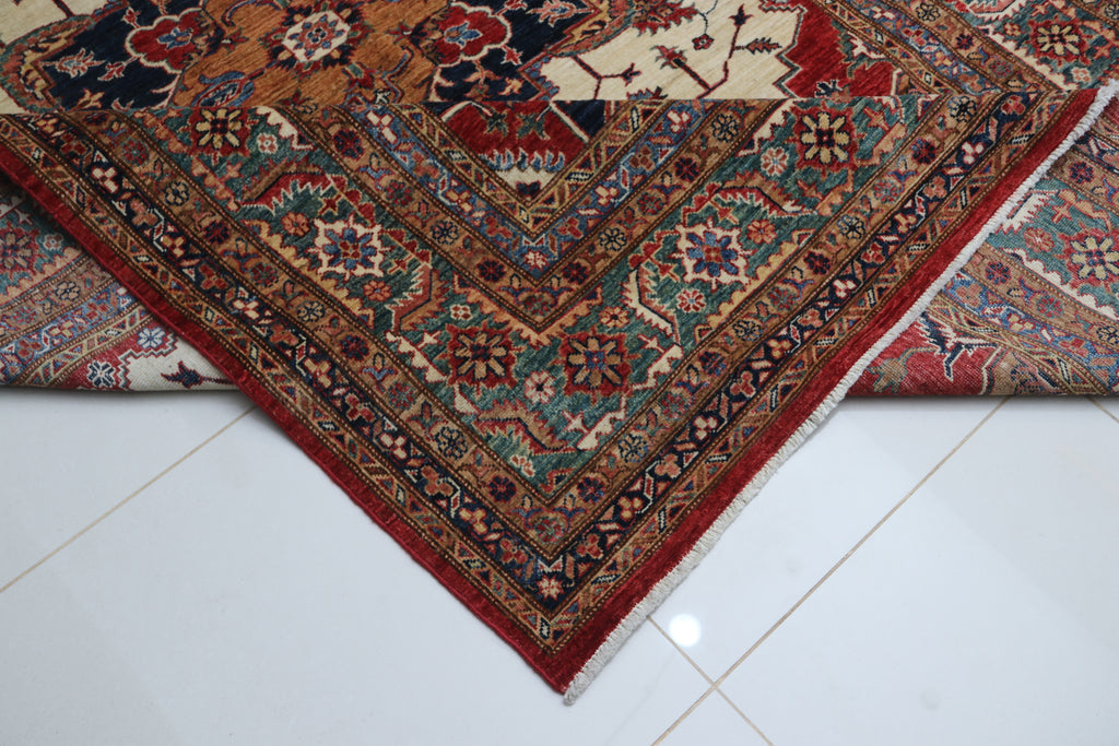 6.5x9.5 Beige Super Kazak Geometric Area Rug | Handmade Wool & Cotton Rug