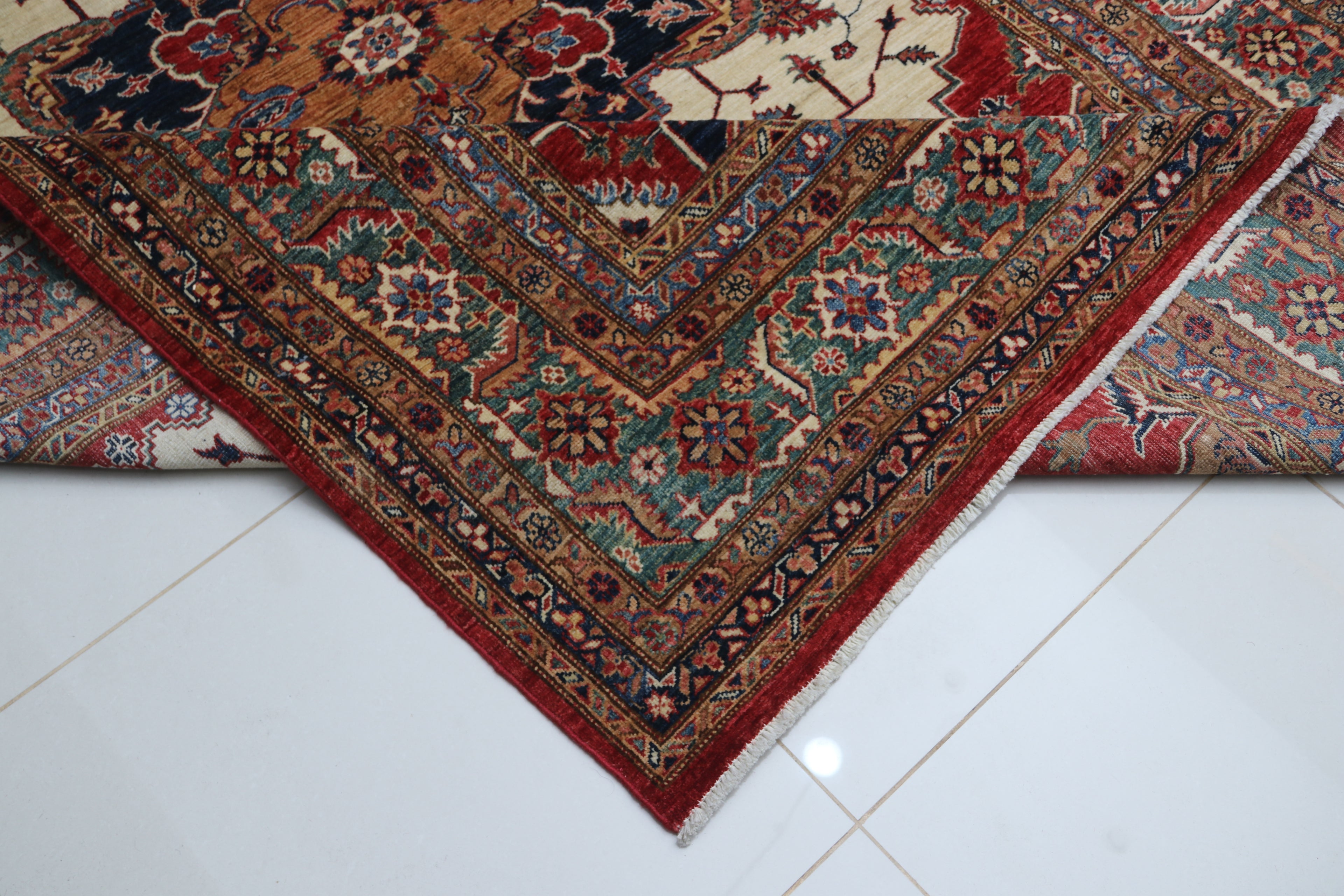 6.5x9.5 Beige Super Kazak Geometric Area Rug | Handmade Wool & Cotton Rug