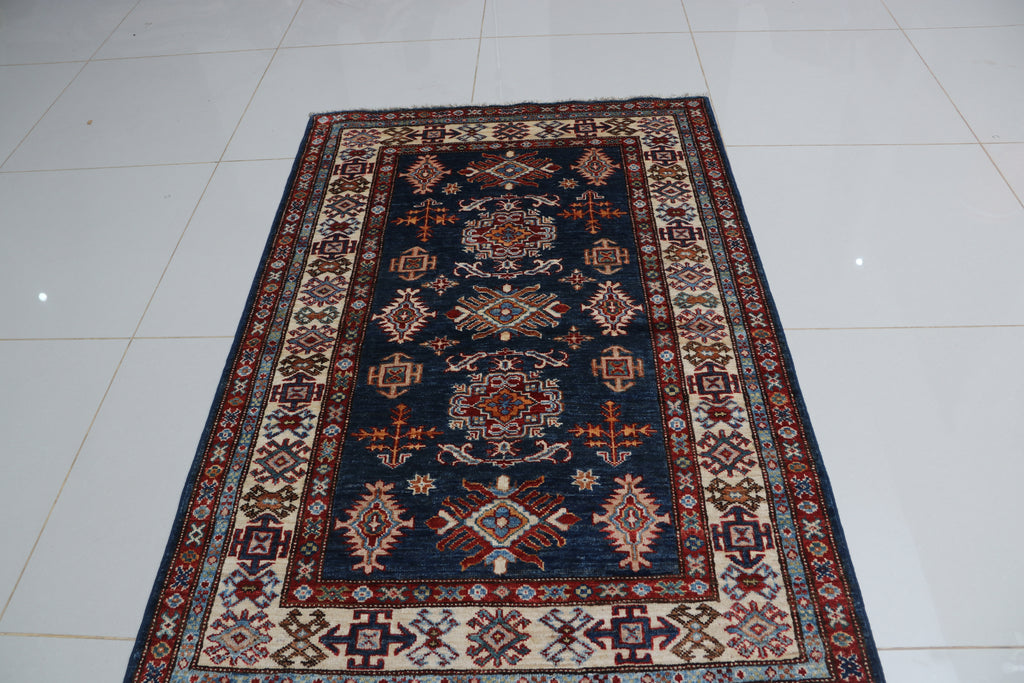 3x5 Blue Super Kazak Geometric Area Rug | Handmade Wool & Cotton Rug