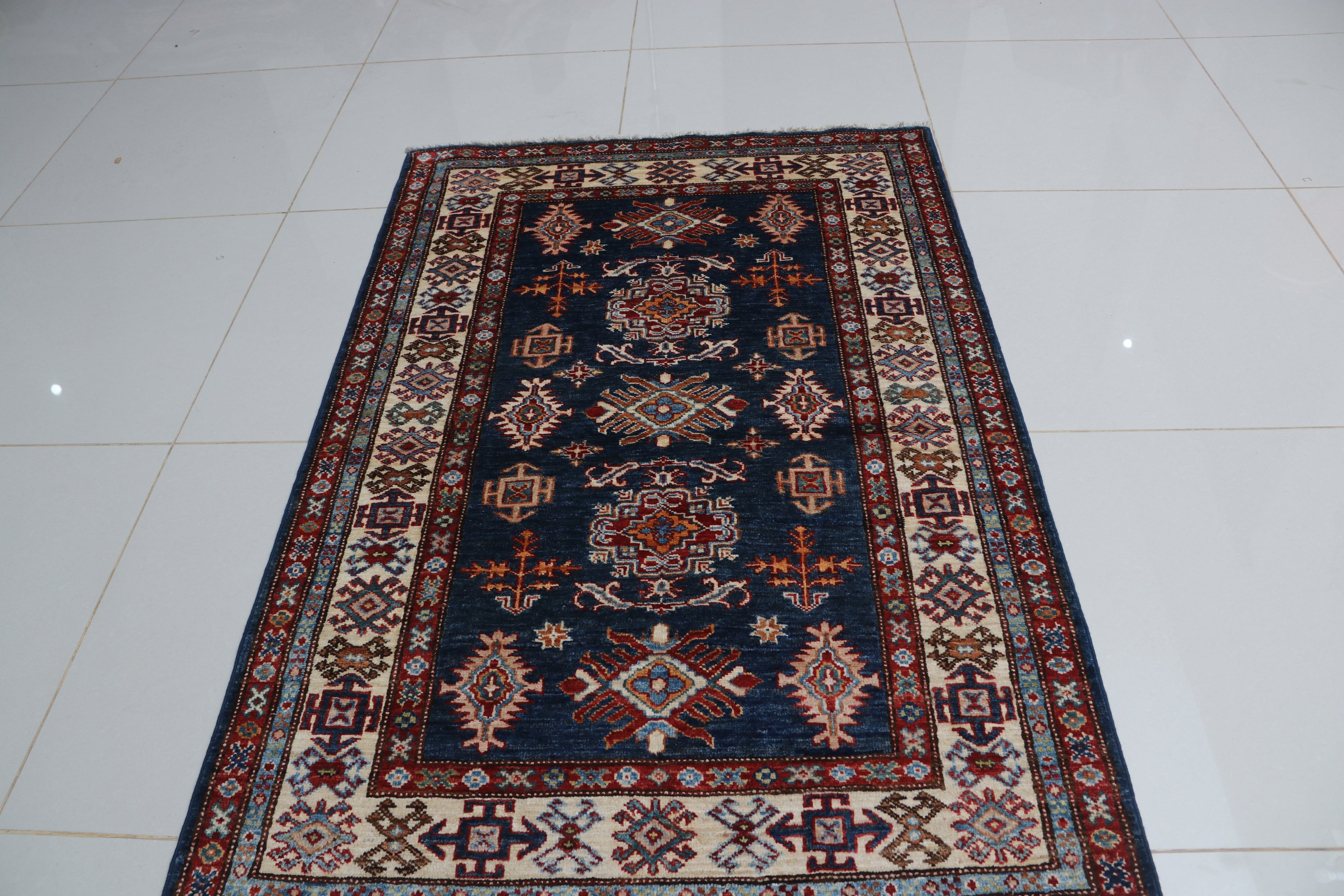 3x5 Blue Super Kazak Geometric Area Rug | Handmade Wool & Cotton Rug