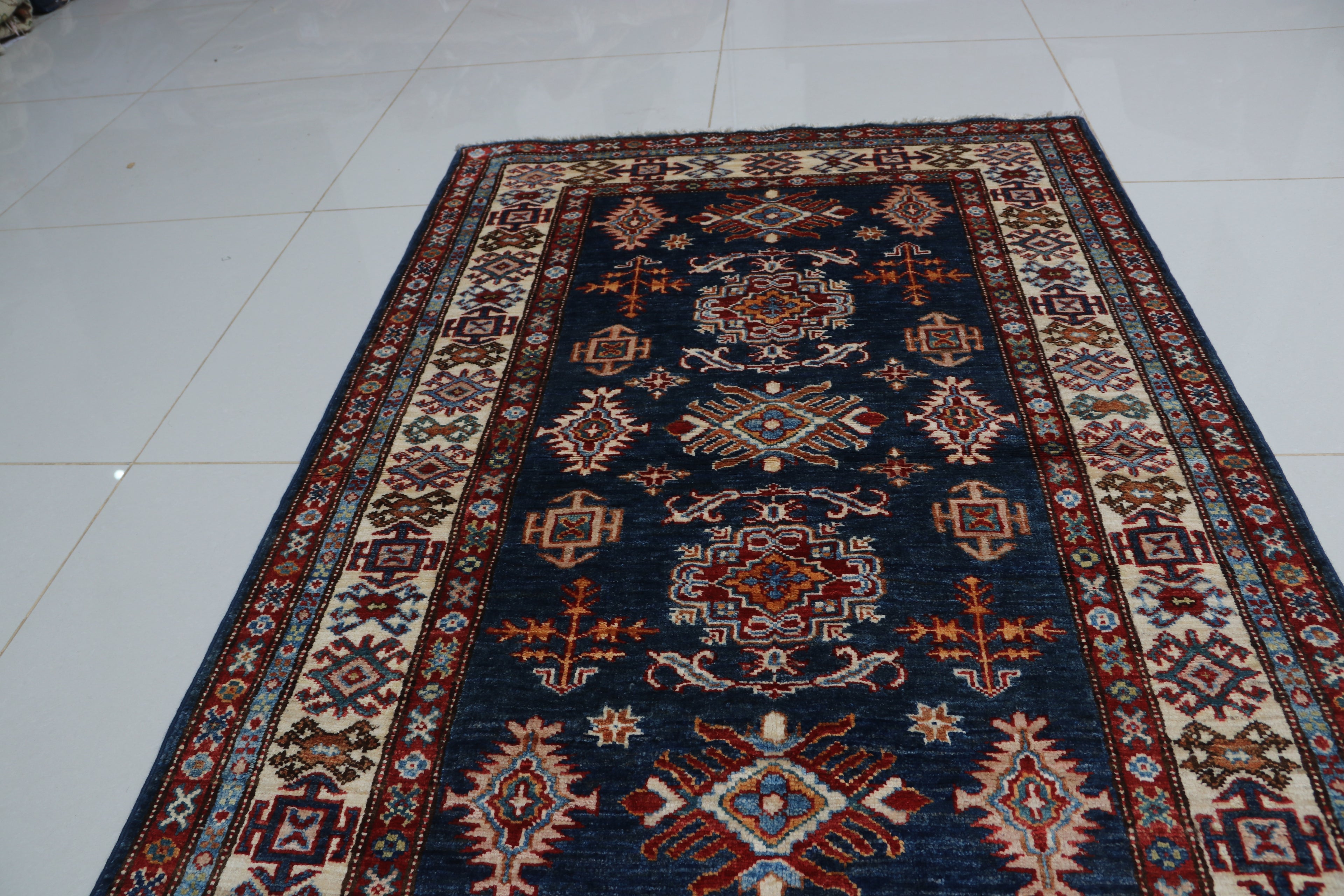 3x5 Blue Super Kazak Geometric Area Rug | Handmade Wool & Cotton Rug