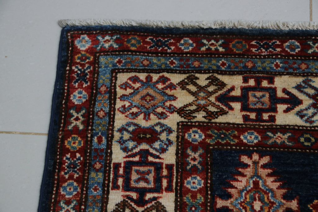 3x5 Blue Super Kazak Geometric Area Rug | Handmade Wool & Cotton Rug