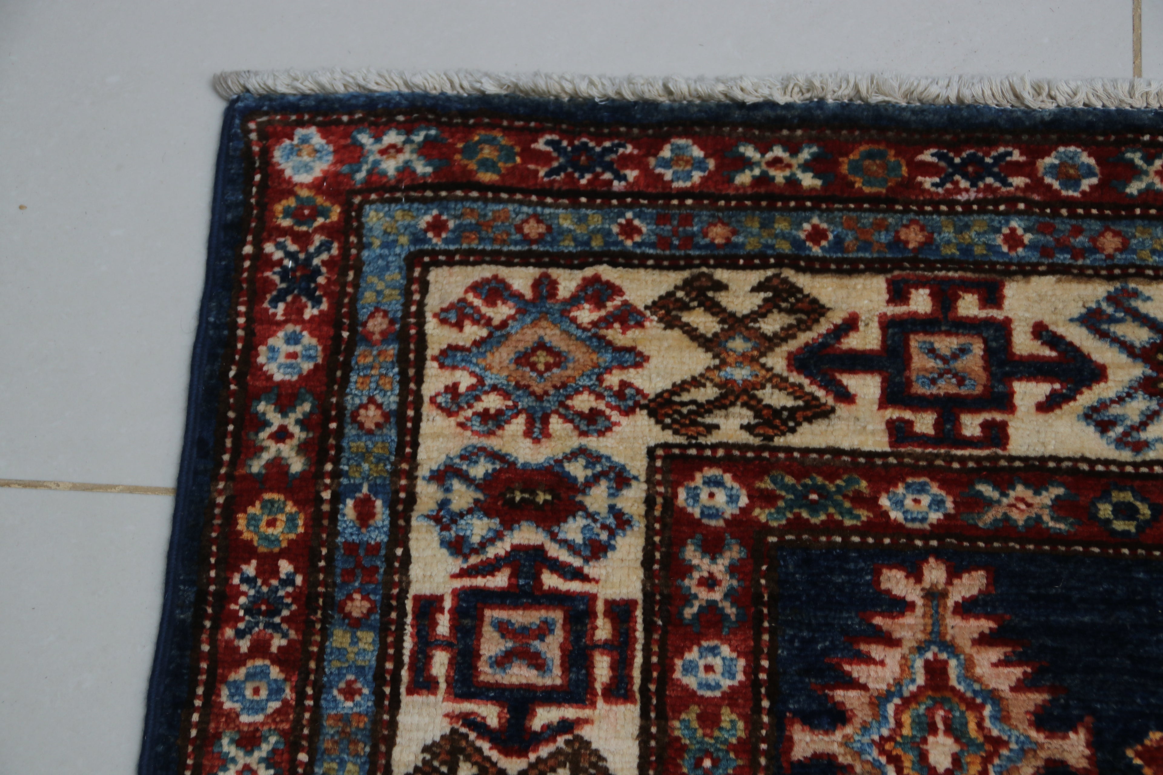 3x5 Blue Super Kazak Geometric Area Rug | Handmade Wool & Cotton Rug