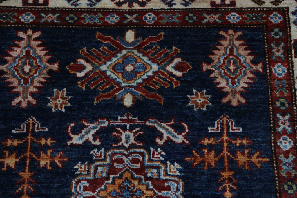 3x5 Blue Super Kazak Geometric Area Rug | Handmade Wool & Cotton Rug