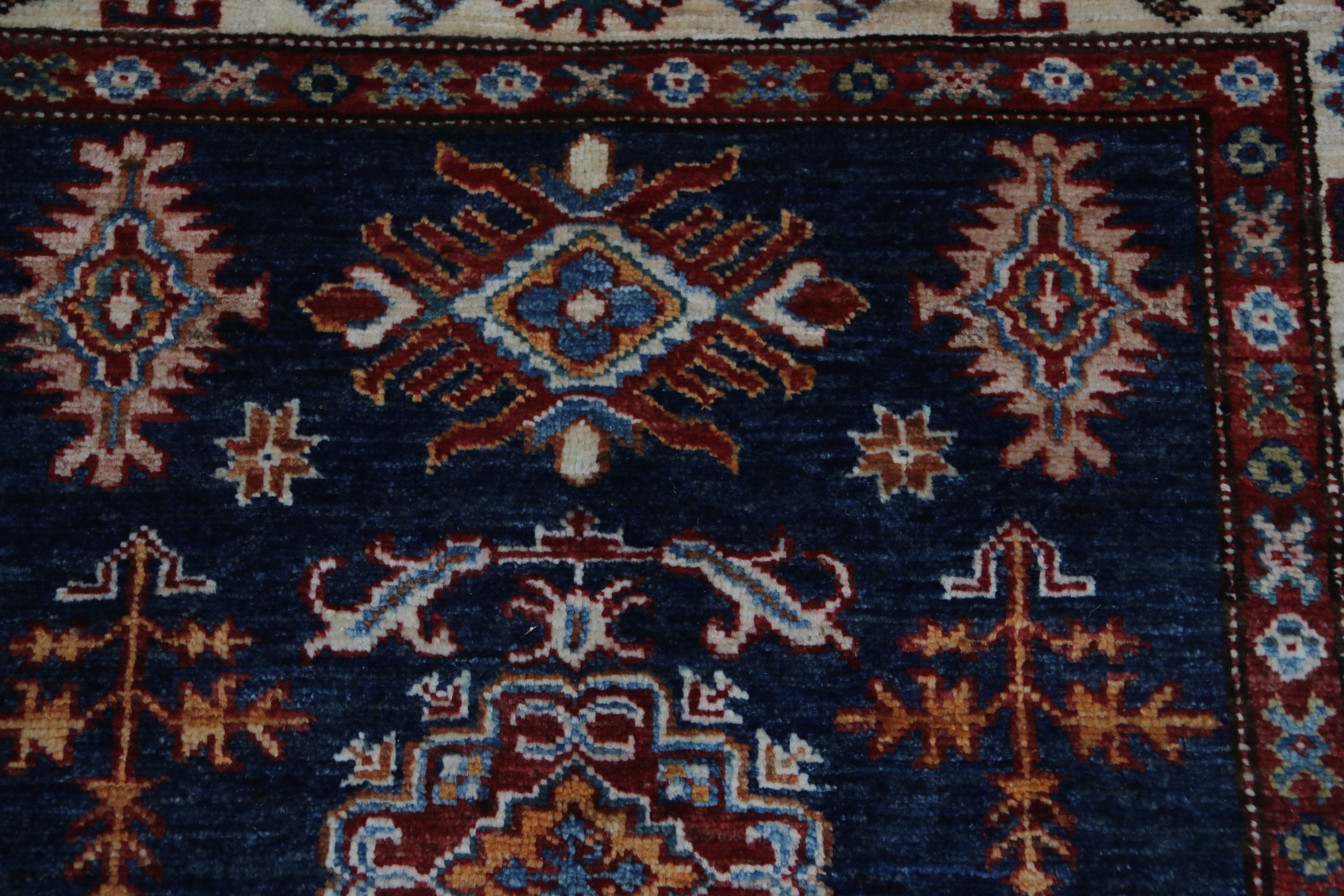 3x5 Blue Super Kazak Geometric Area Rug | Handmade Wool & Cotton Rug