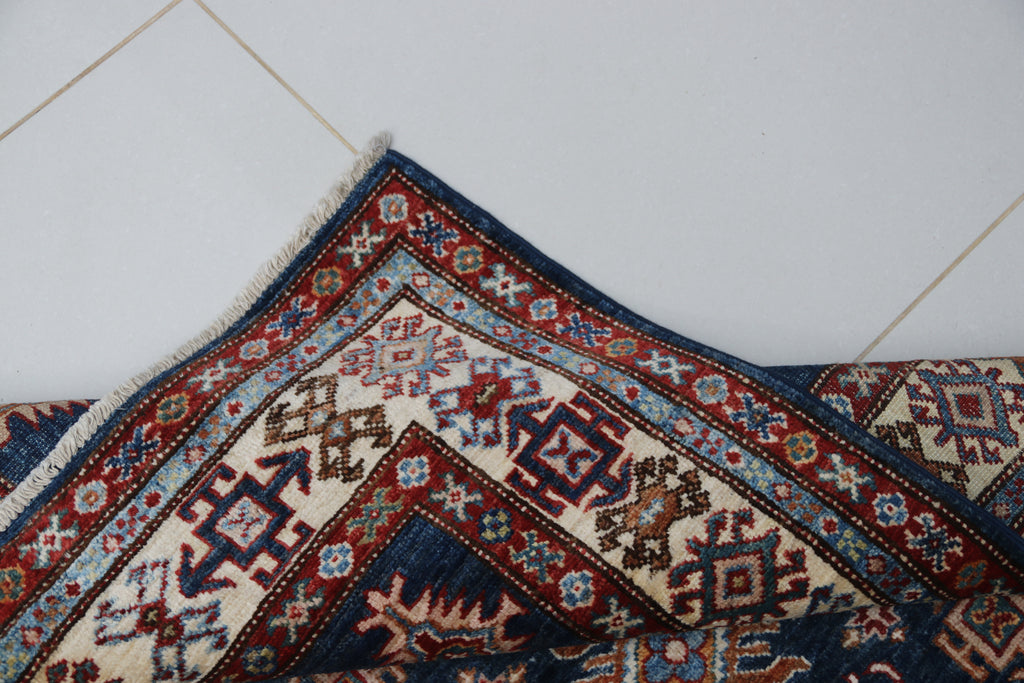 3x5 Blue Super Kazak Geometric Area Rug | Handmade Wool & Cotton Rug