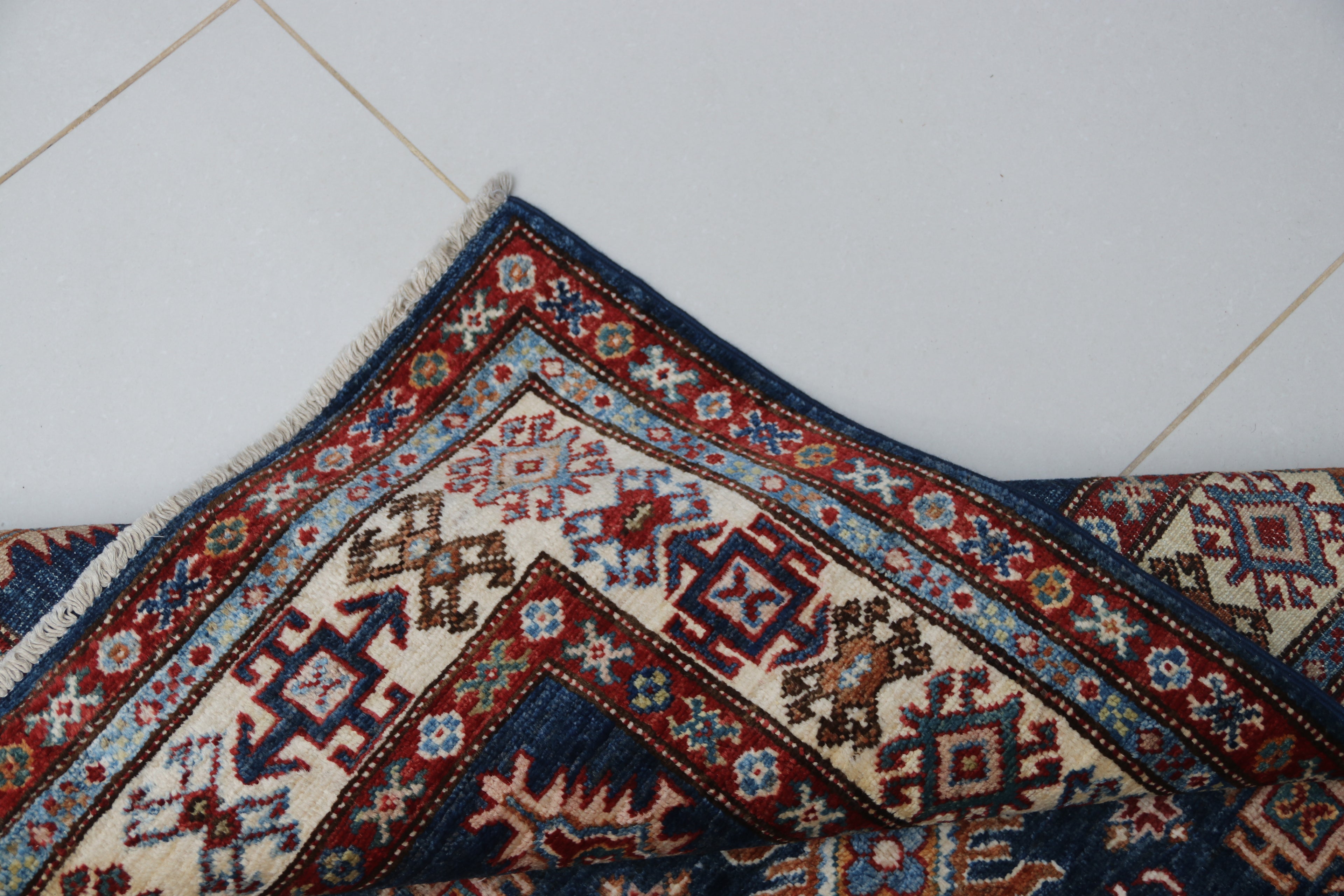 3x5 Blue Super Kazak Geometric Area Rug | Handmade Wool & Cotton Rug