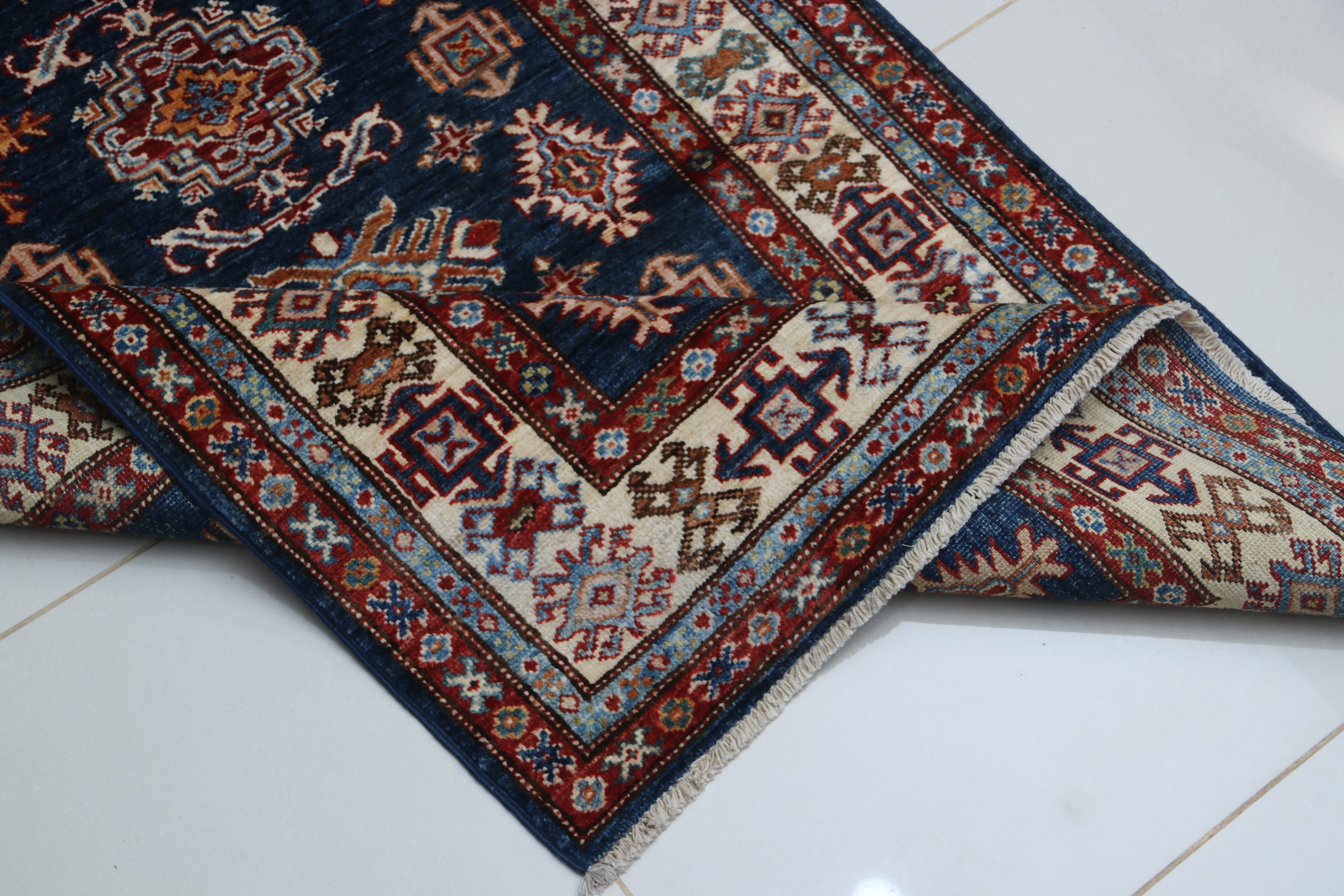 3x5 Blue Super Kazak Geometric Area Rug | Handmade Wool & Cotton Rug