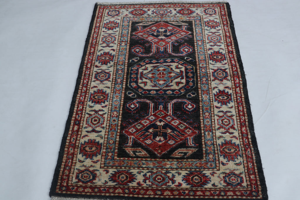 2x3 Black Super Kazak Geometric Area Rug | Handmade Wool & Cotton Rug