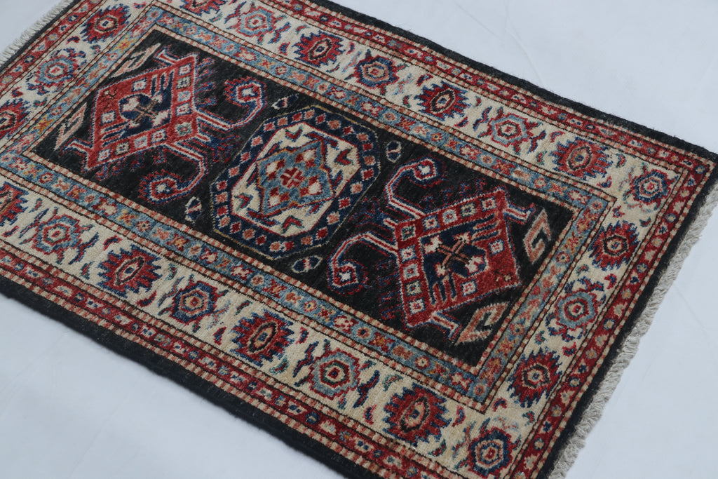 2x3 Black Super Kazak Geometric Area Rug | Handmade Wool & Cotton Rug