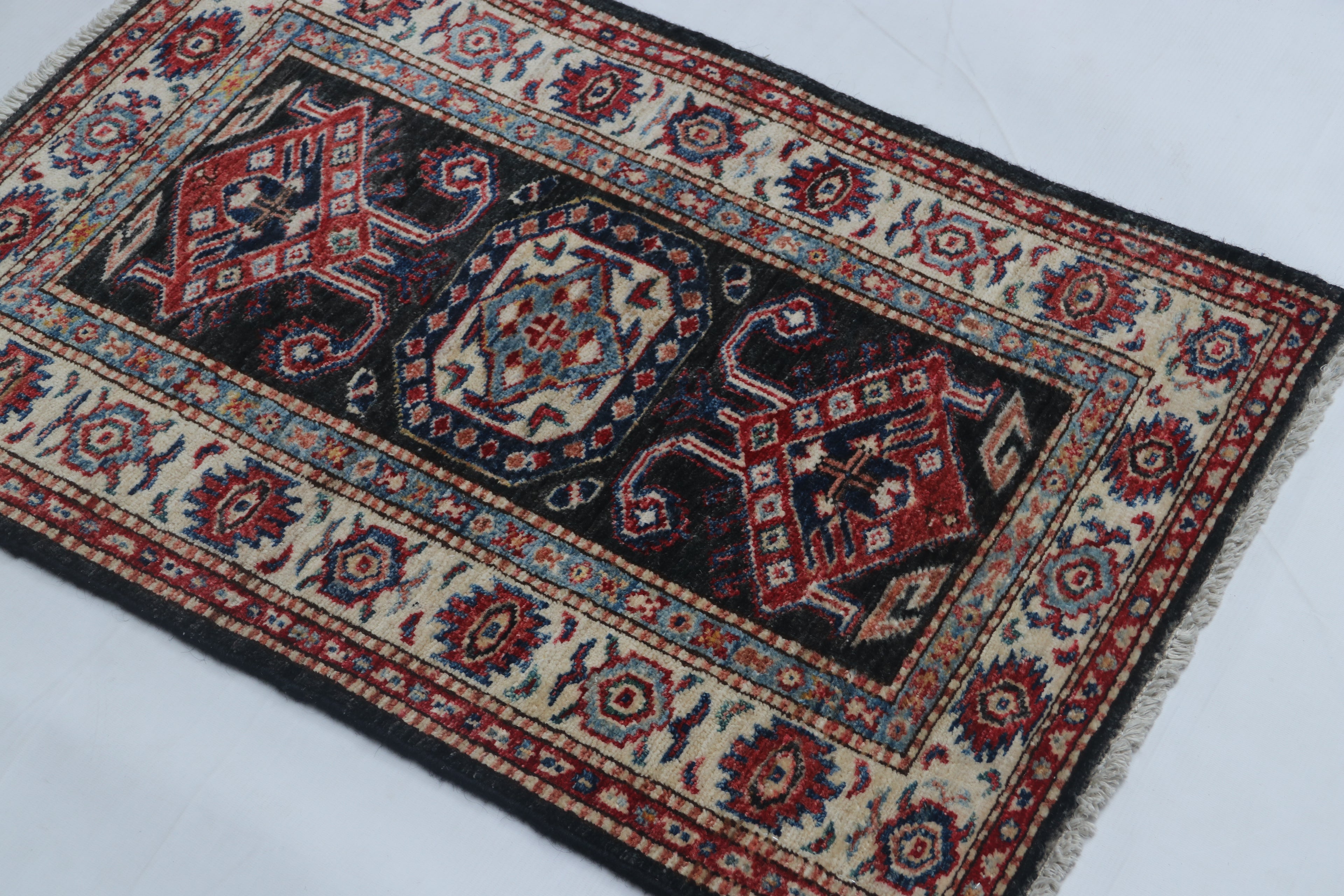 2x3 Black Super Kazak Geometric Area Rug | Handmade Wool & Cotton Rug