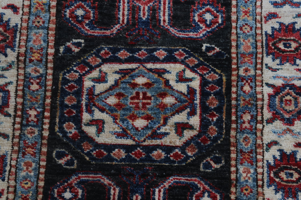 2x3 Black Super Kazak Geometric Area Rug | Handmade Wool & Cotton Rug