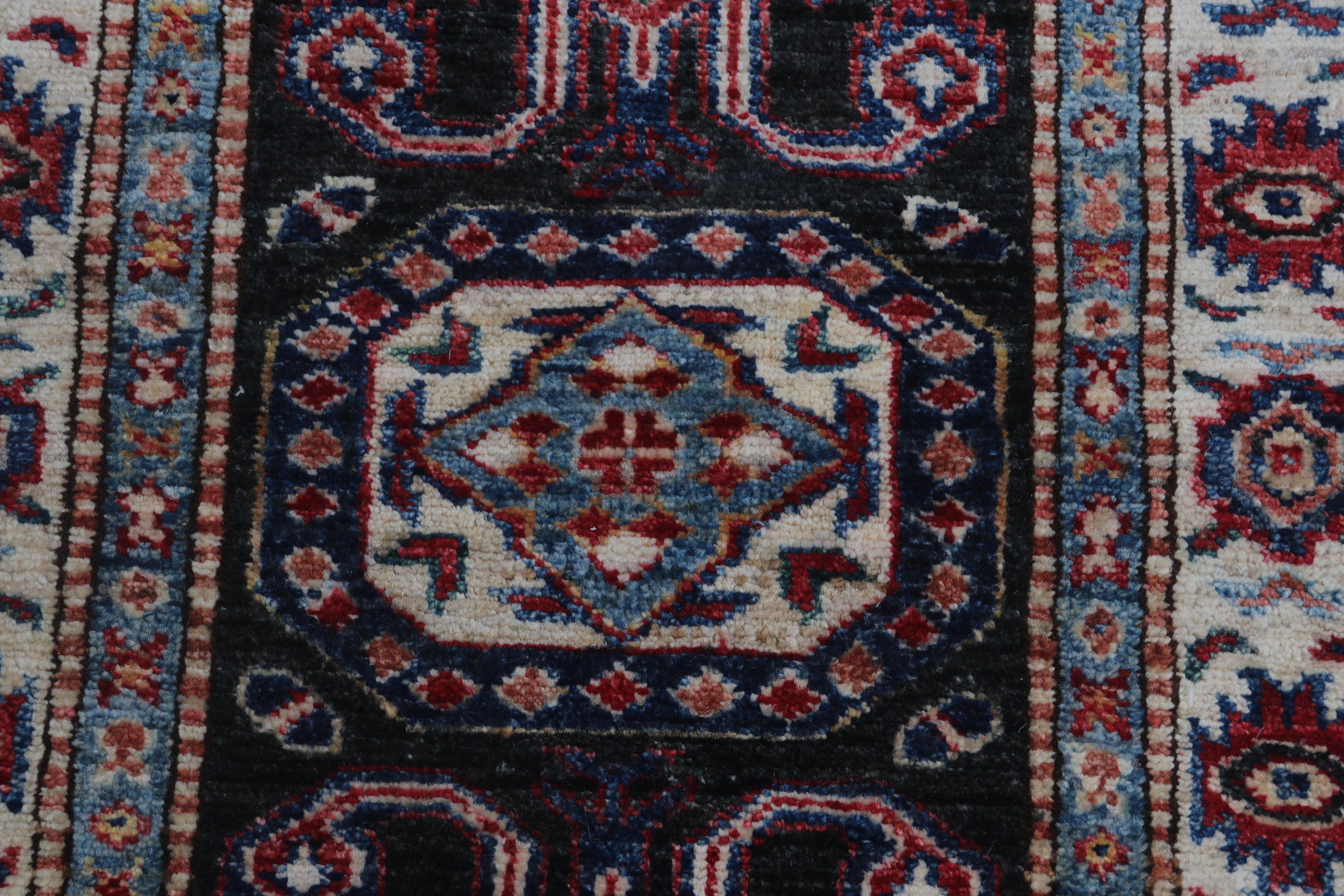 2x3 Black Super Kazak Geometric Area Rug | Handmade Wool & Cotton Rug