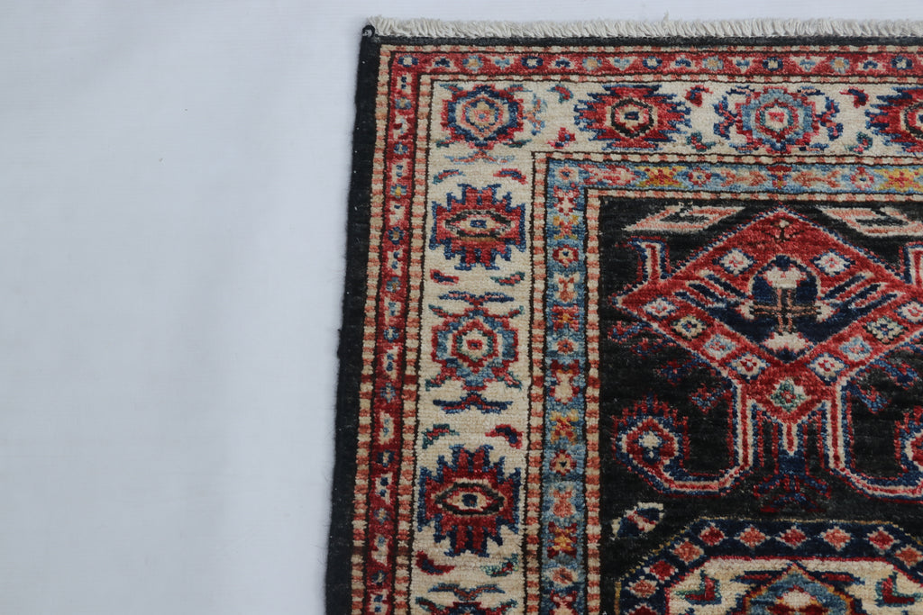 2x3 Black Super Kazak Geometric Area Rug | Handmade Wool & Cotton Rug
