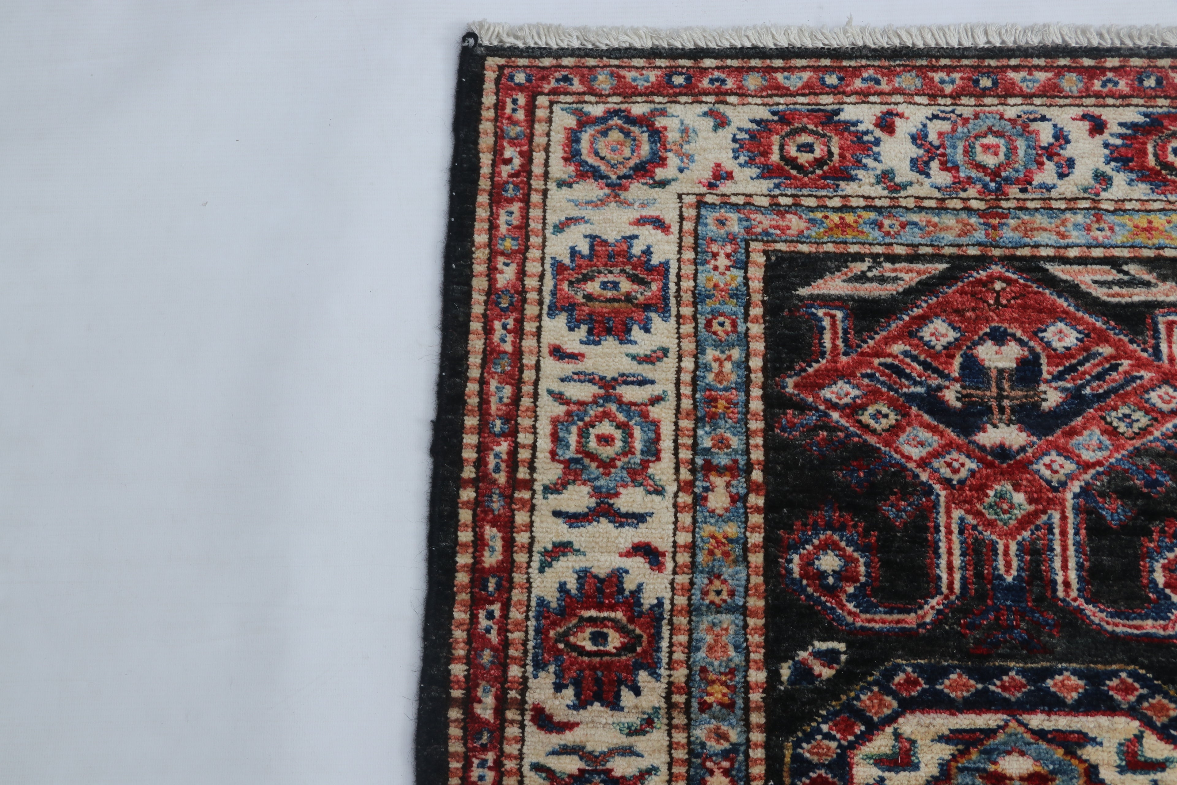 2x3 Black Super Kazak Geometric Area Rug | Handmade Wool & Cotton Rug