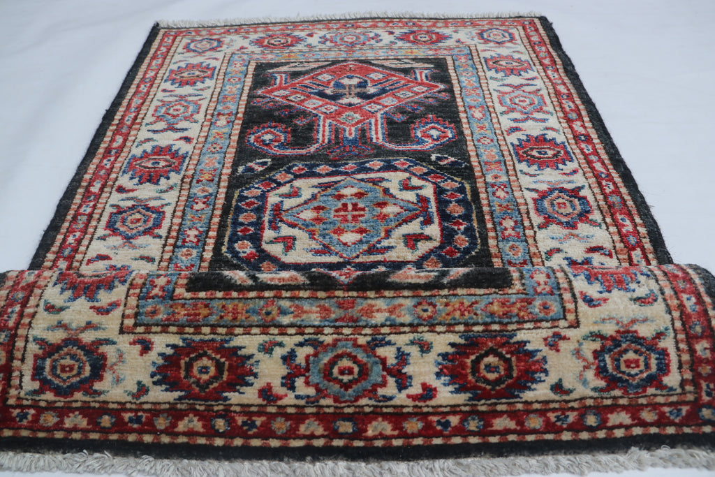 2x3 Black Super Kazak Geometric Area Rug | Handmade Wool & Cotton Rug