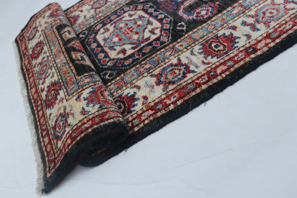 2x3 Black Super Kazak Geometric Area Rug | Handmade Wool & Cotton Rug