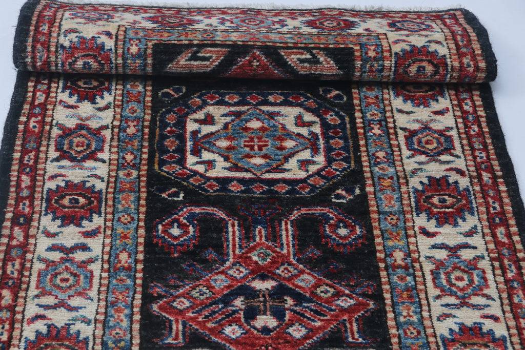 2x3 Black Super Kazak Geometric Area Rug | Handmade Wool & Cotton Rug