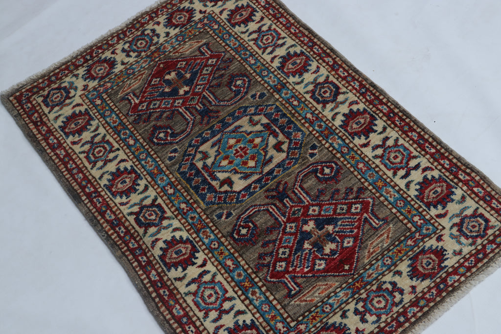 2x3 Gray Super Kazak Geometric Area Rug | Handmade Wool & Cotton Rug