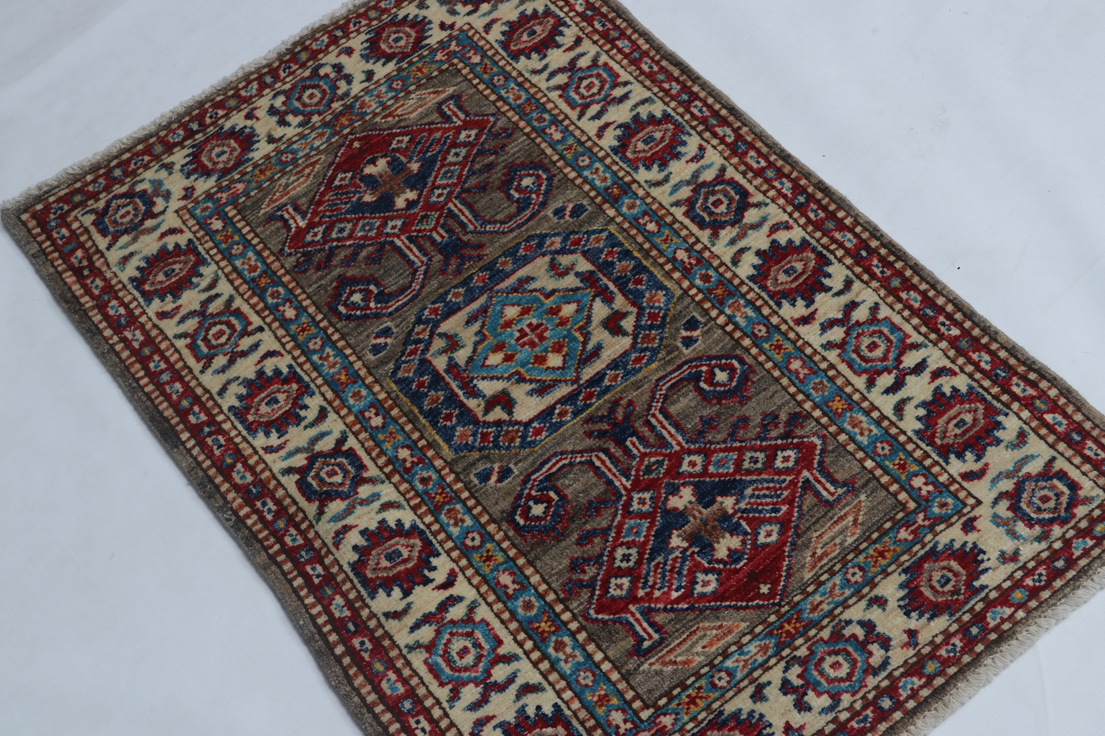 2x3 Gray Super Kazak Geometric Area Rug | Handmade Wool & Cotton Rug