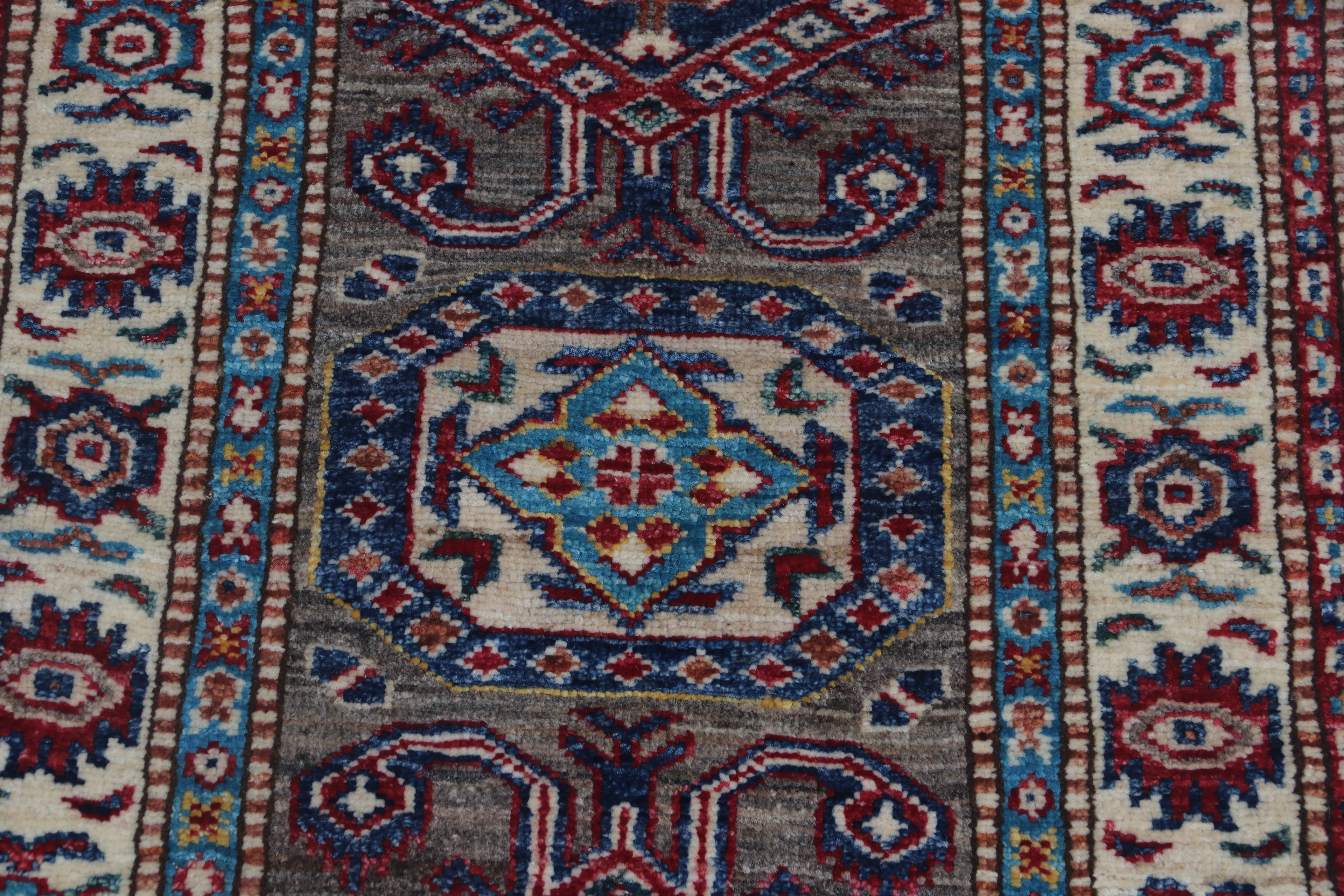 2x3 Gray Super Kazak Geometric Area Rug | Handmade Wool & Cotton Rug