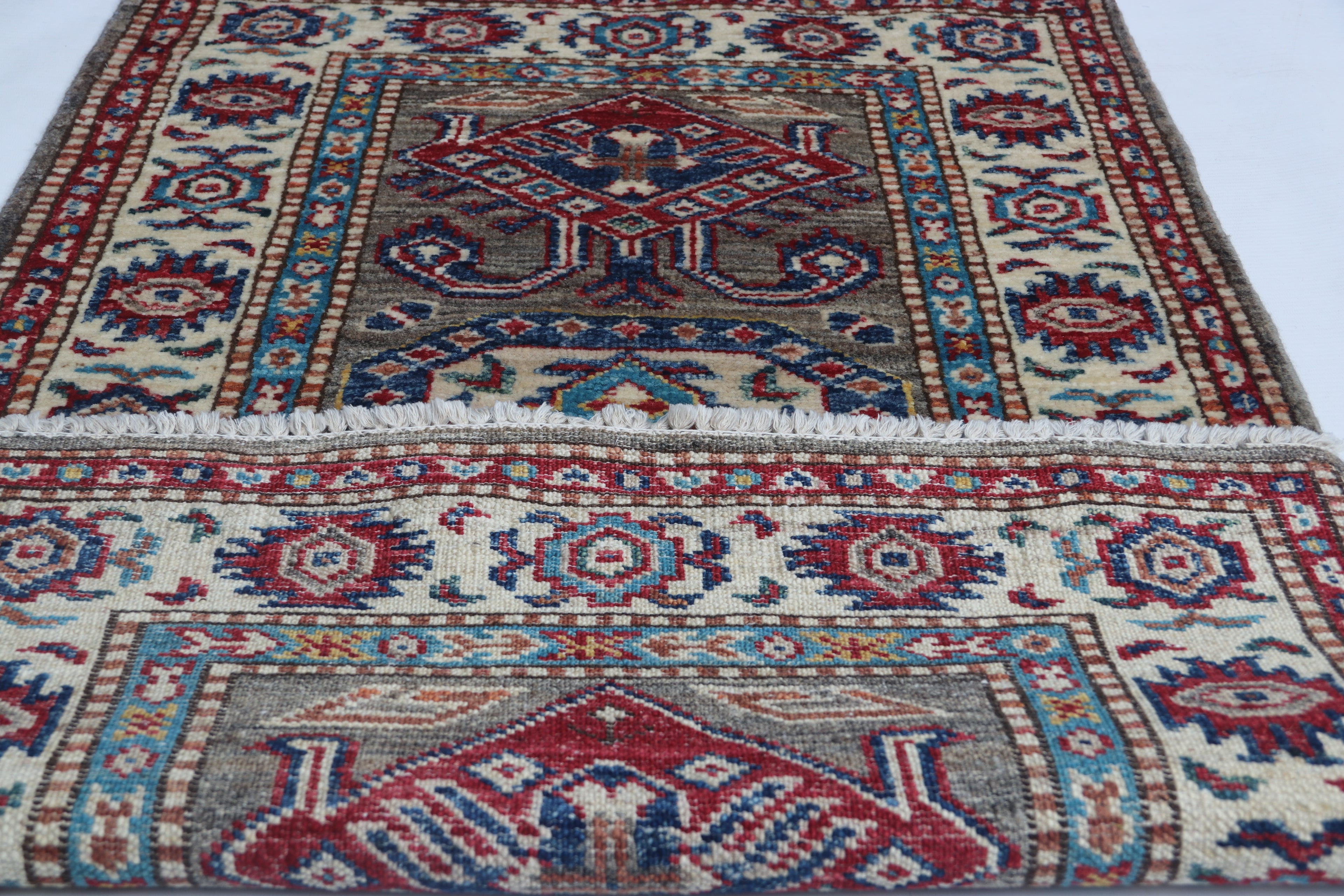 2x3 Gray Super Kazak Geometric Area Rug | Handmade Wool & Cotton Rug