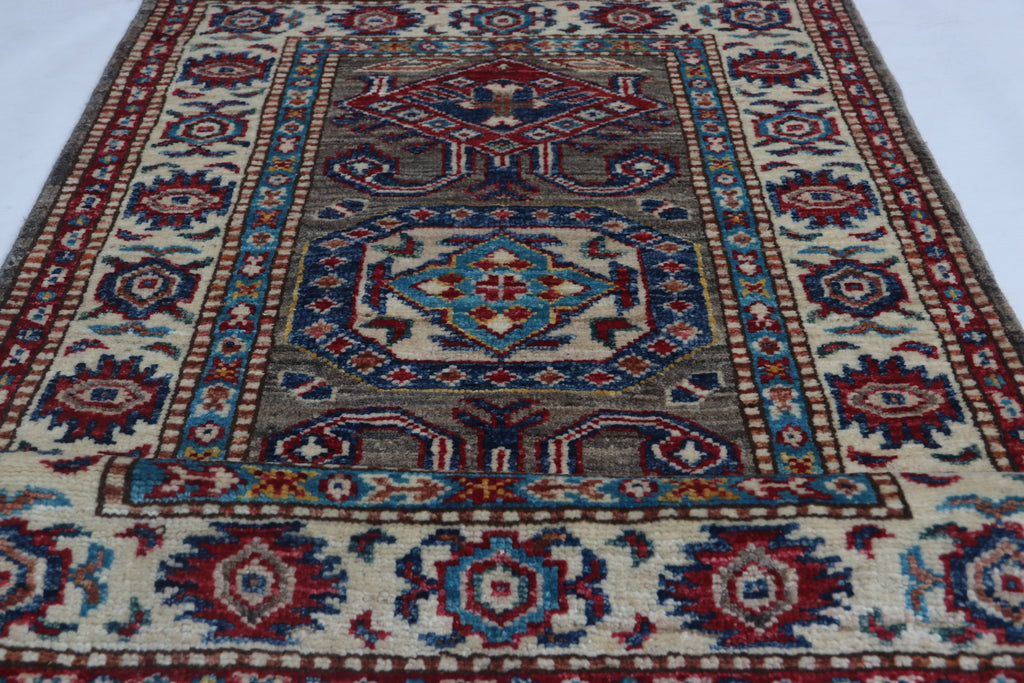 2x3 Gray Super Kazak Geometric Area Rug | Handmade Wool & Cotton Rug