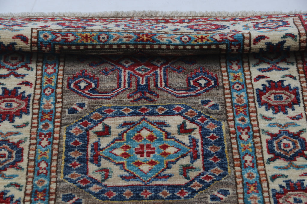 2x3 Gray Super Kazak Geometric Area Rug | Handmade Wool & Cotton Rug