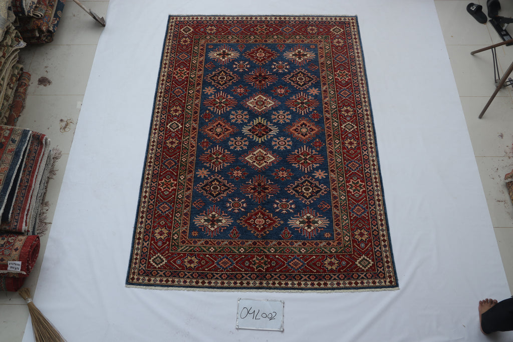 6x9 Blue Super Kazak Geometric Handmade Cotton & Wool Rug | Luxury Area Rug