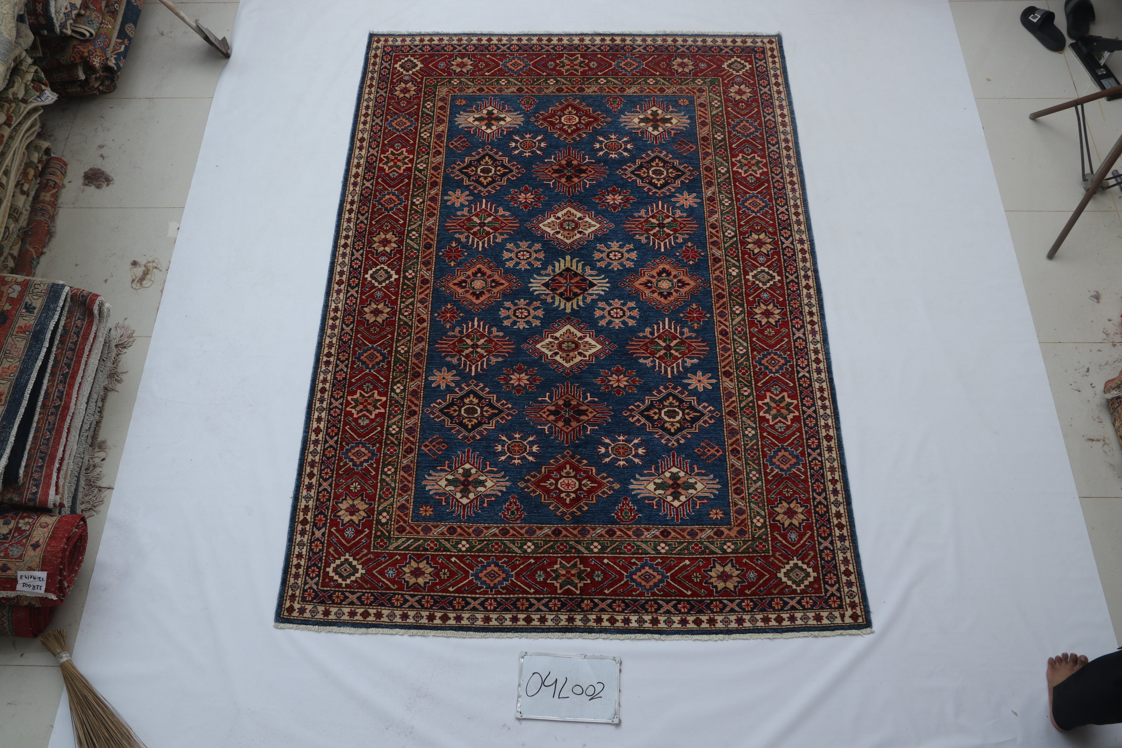 6x9 Blue Super Kazak Geometric Handmade Cotton & Wool Rug | Luxury Area Rug