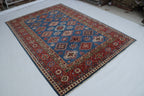 6x9 Blue Super Kazak Geometric Handmade Cotton & Wool Rug | Luxury Area Rug
