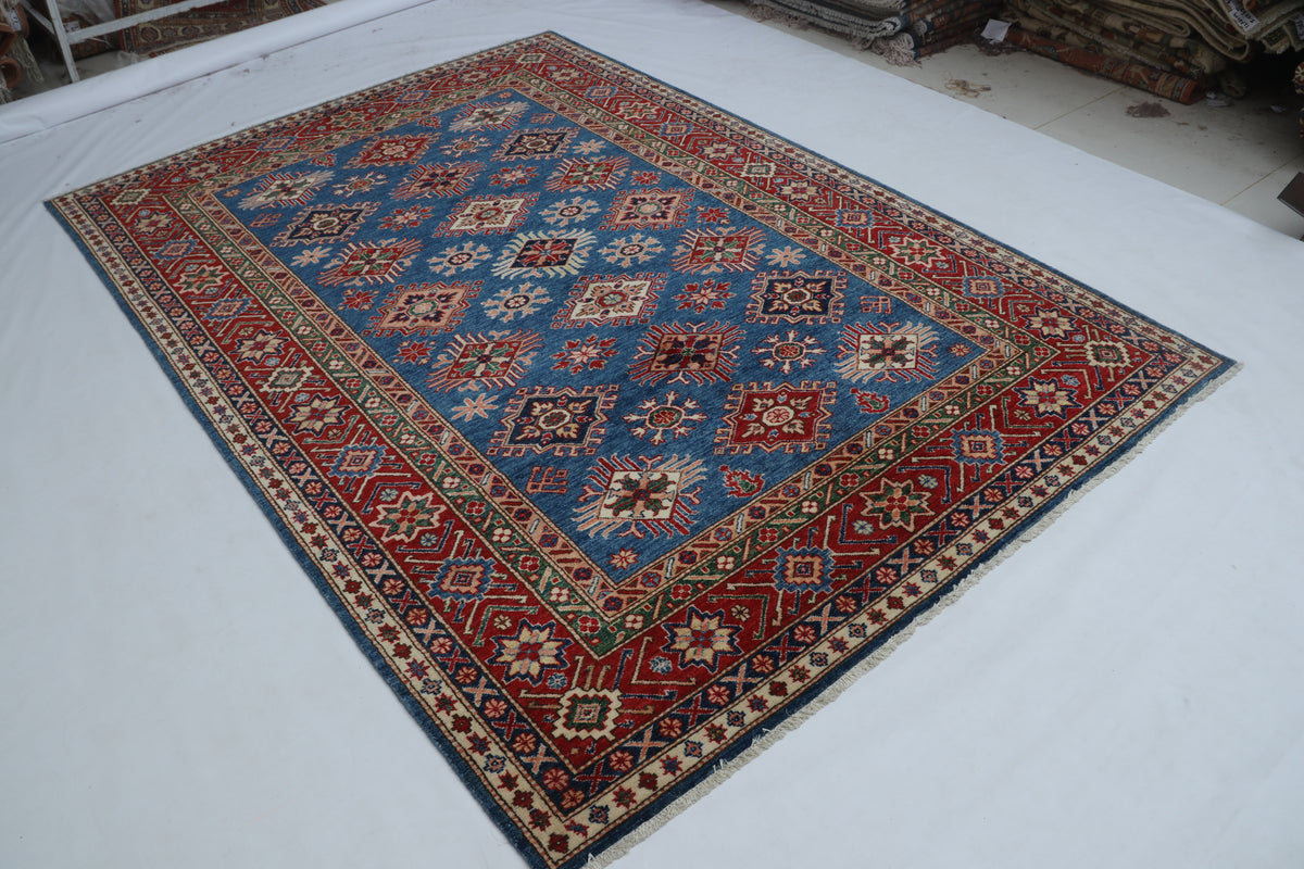 6x9 Blue Super Kazak Geometric Handmade Cotton & Wool Rug | Luxury Area Rug